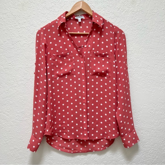 Express Pink and White Polka Dot Button Down Shirt Pockets - Picture 1 of 6